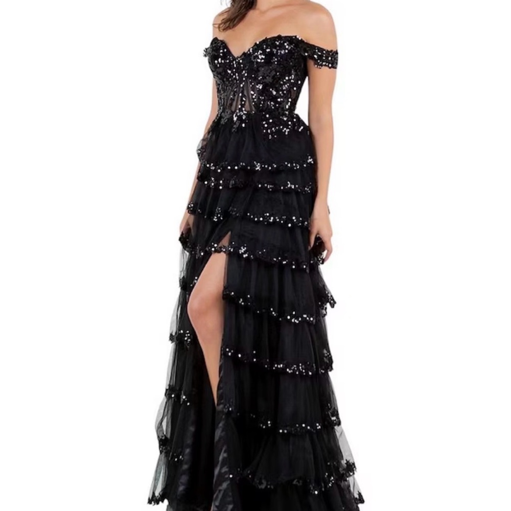 Elegant Black Off-Shoulder Sequin Tiered Prom Gown